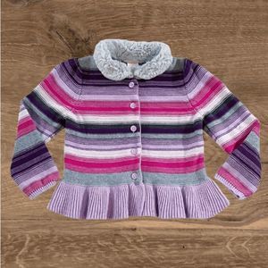 Gymboree Prima Ballerina Purple Stripe Fur Collar Cardigan Sweater - Size 3T